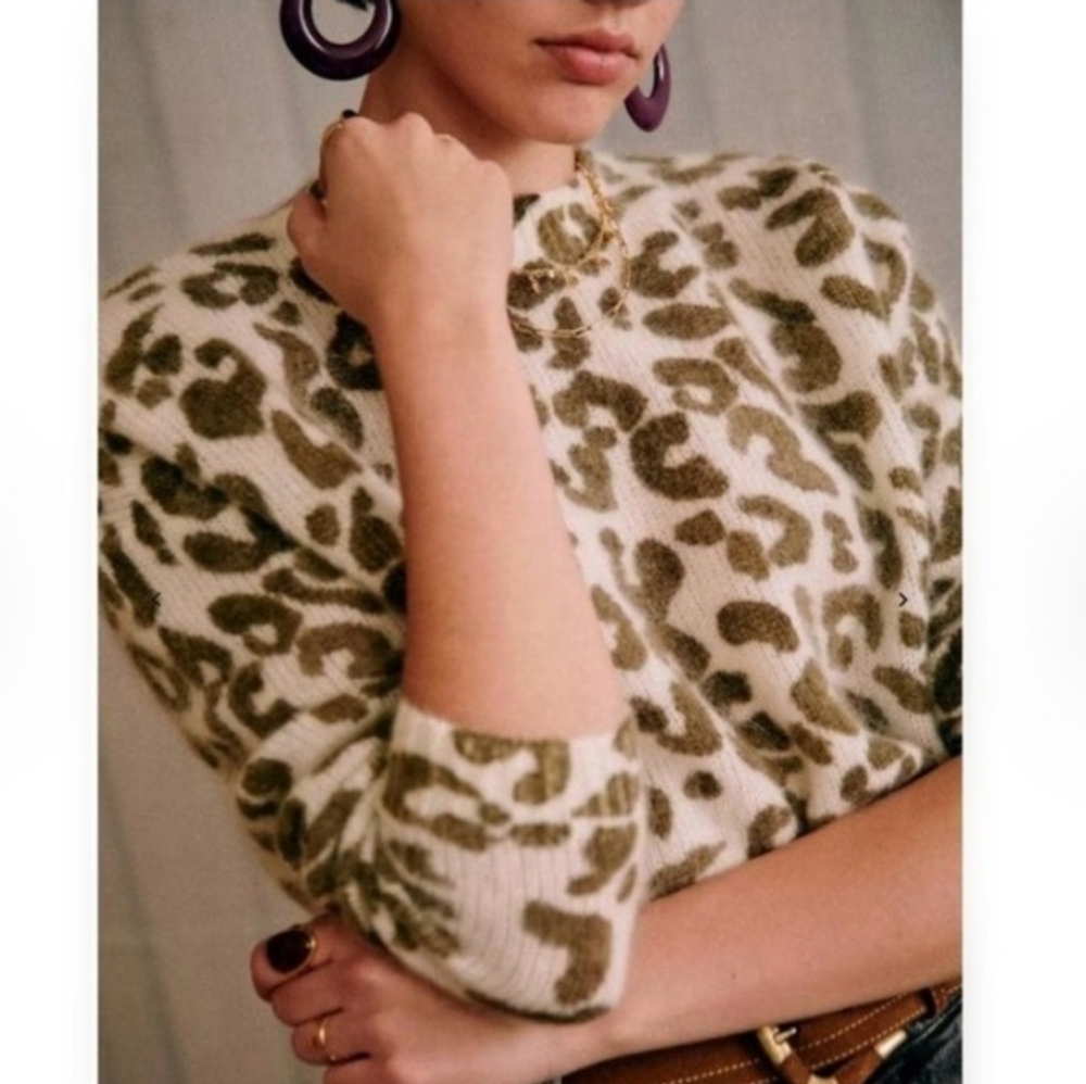 SÉZANE Indiana Leopard Print Mohair Knit Jumper Sweater Ivory Green